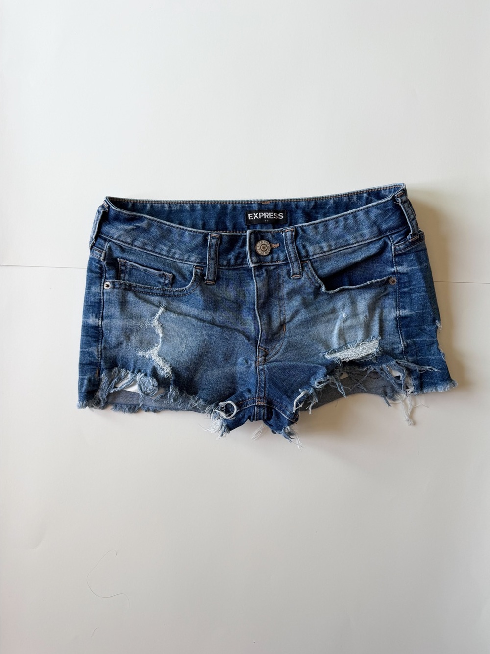 Women’s size 2 Express Ripped Denim Shortie Shorts - Dark Blue